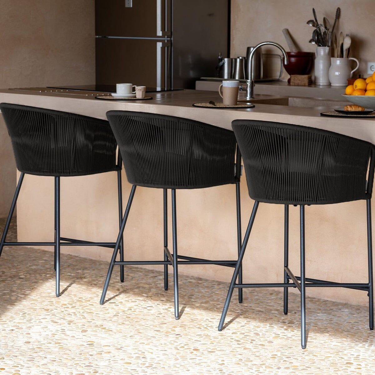 Hali Black Rope Stool with Cushion - Set of 4