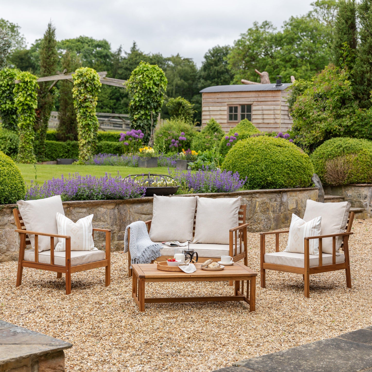 Harrelson outdoor sofa set with grey LED cantilever parasol - solid wood and white