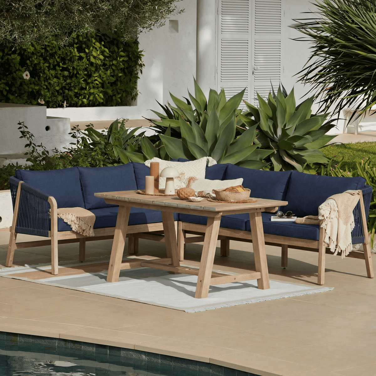 Shiro 4 Seater Wooden Garden Corner Sofa with Dining Table - Navy - Laura James