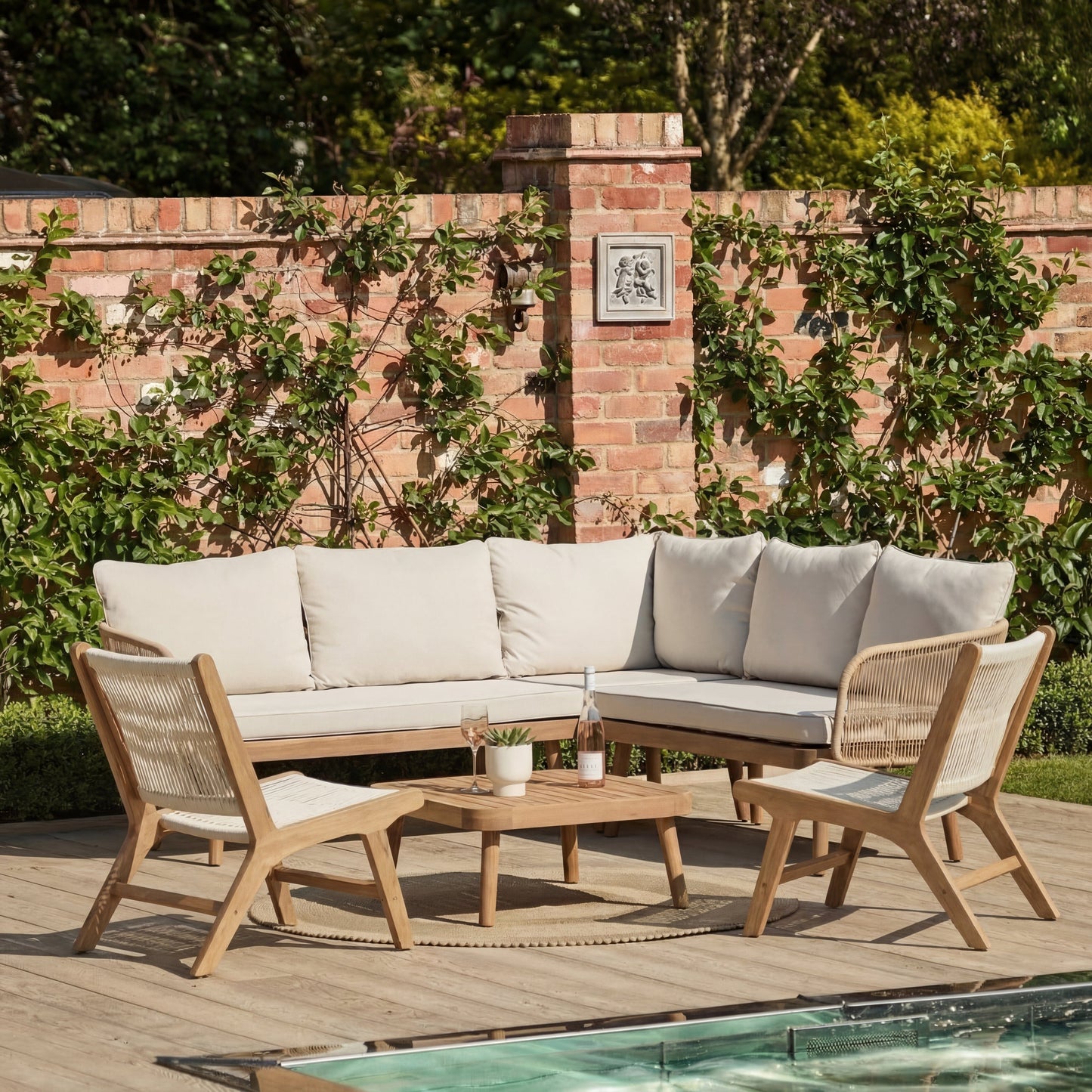 Eaden 8 Seater Corner Coffee Table Garden Set with 2 Seren Occasional Chairs - Natural - Laura James