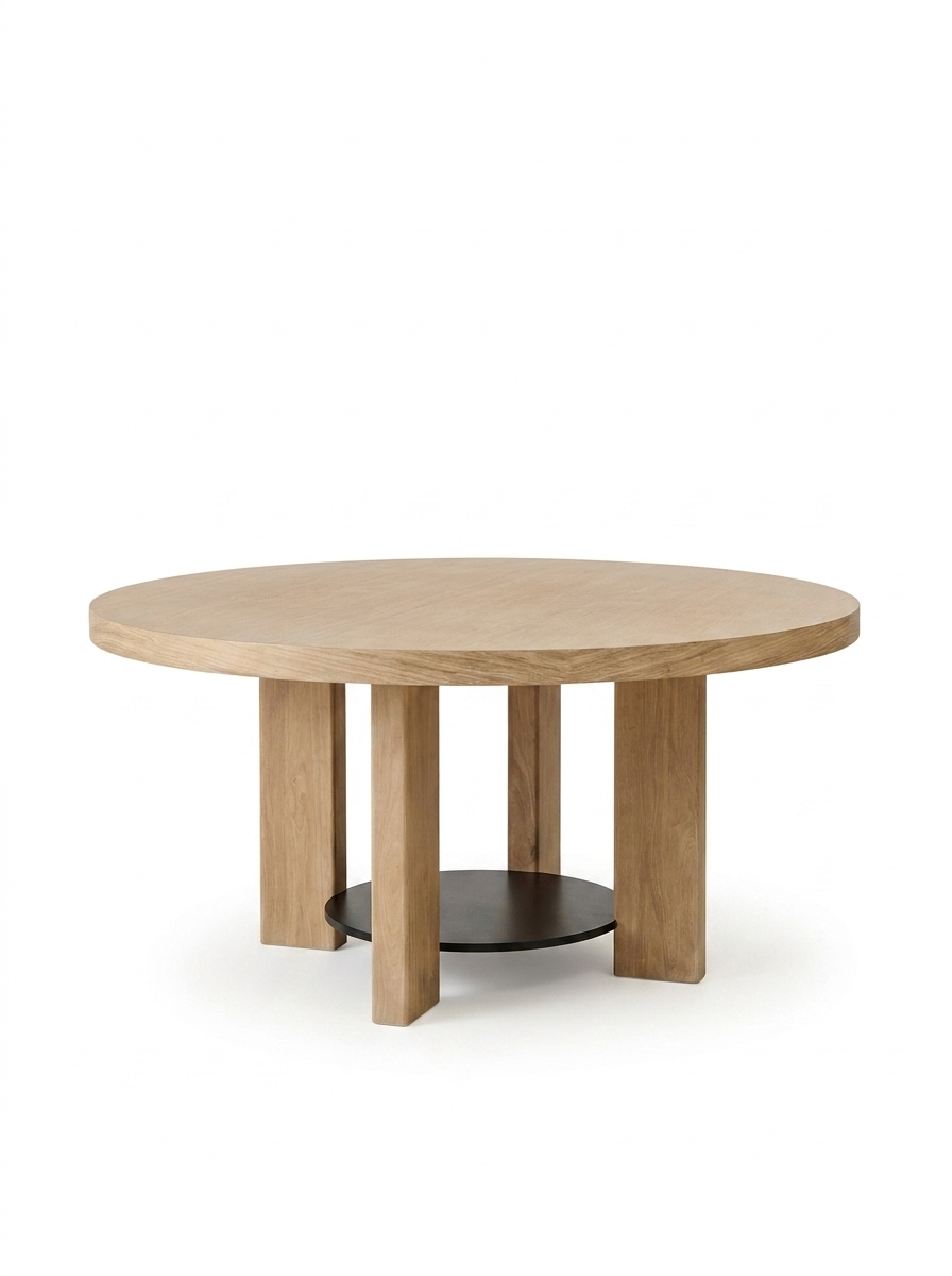 Marlon Whitewash Oak with Black Insert Round Dining Table Set - 6 Seater - Freya Oat Boucle Dining Chairs
