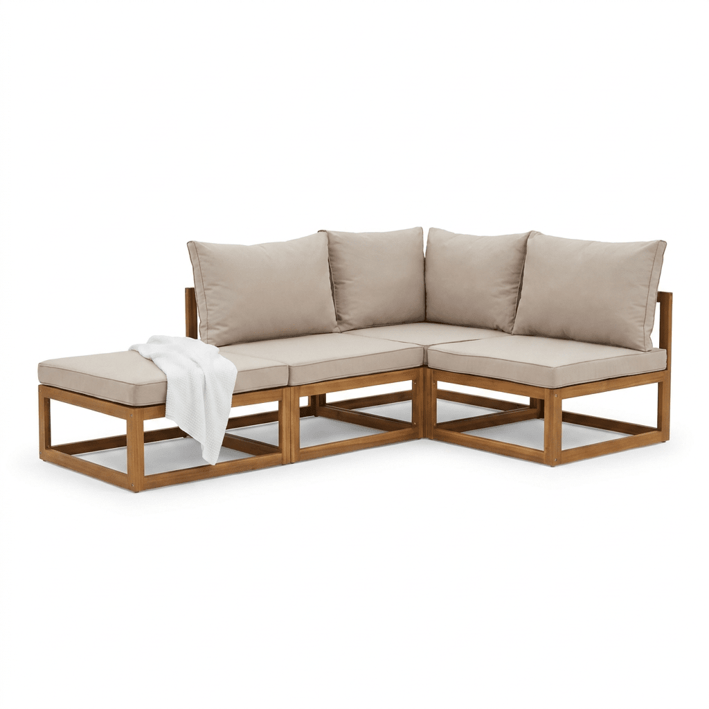 Rowan 4 Seater Wooden Chaise Garden Corner Sofa Set with Coffee Table - Natural - Laura James