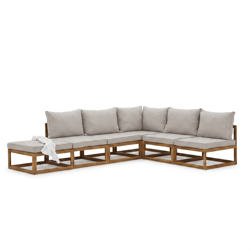 Rowan Natural 6 Seater Wooden Corner Sofa Set with Footstool - Laura James