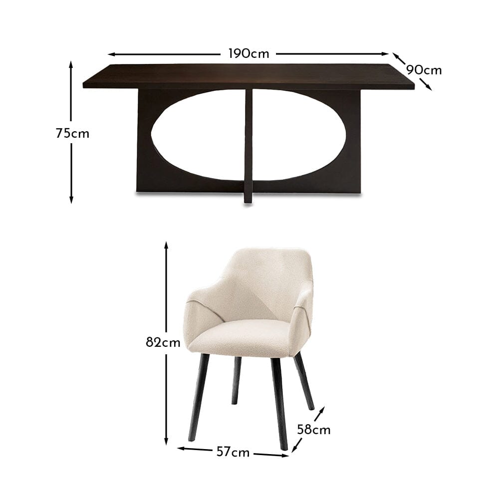 Jade Jet Black Rectangular Acacia Dining Table Set - 6 Seater - Freya Boucle Armchairs with Black Legs
- Laura James