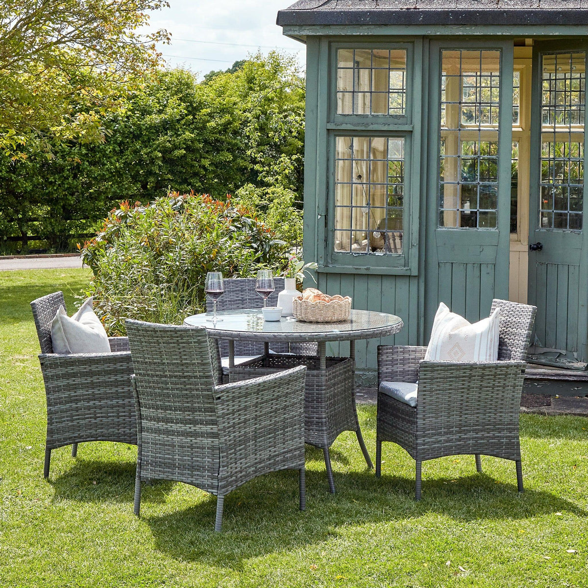 4 Seater Rattan Round Dining Table & Chair Set - Grey - Laura James