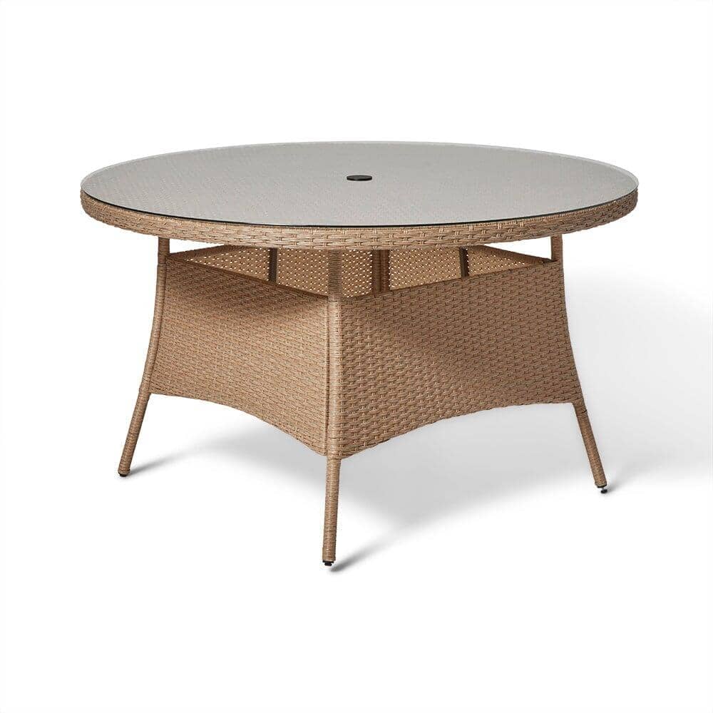 Kemble 6 Seater Rattan Round Garden Dining Set with Grey LED Premium Parasol - Natural Brown