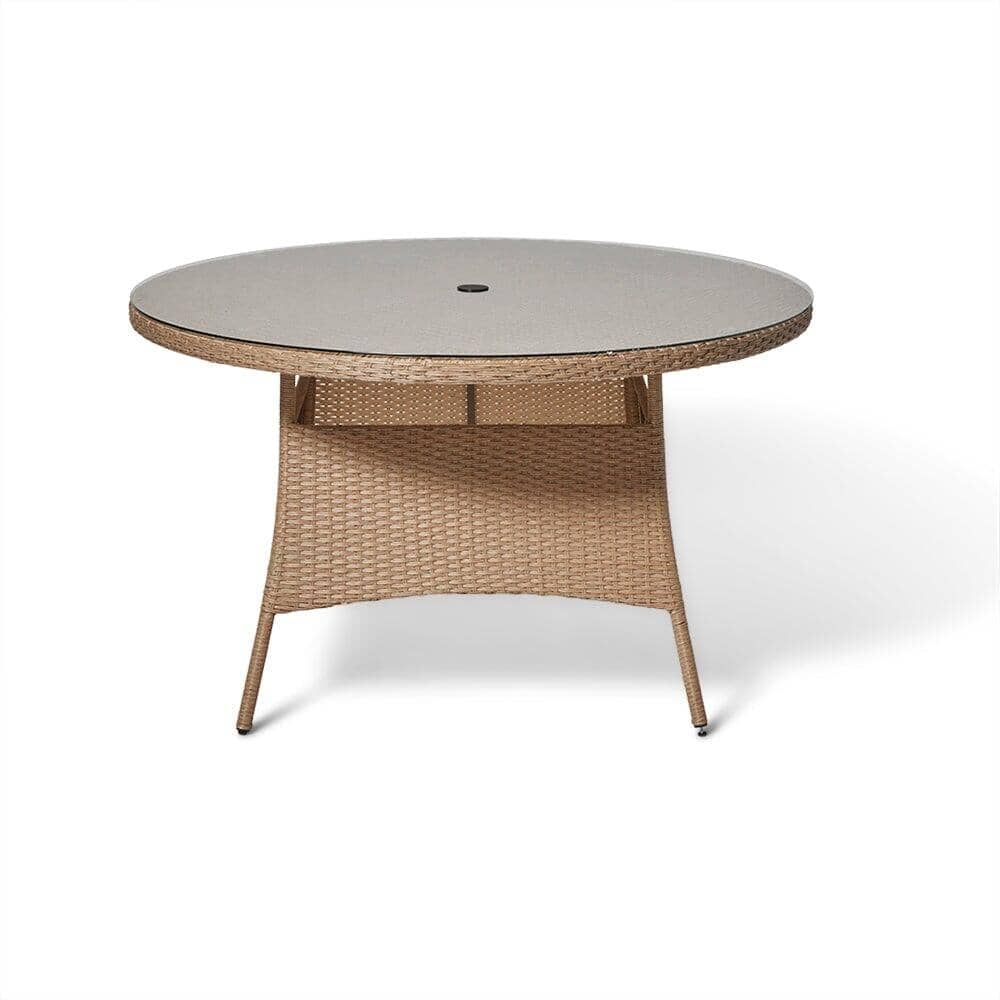 Kemble 6 Seater Rattan Round Garden Dining Set with Cream Parasol - Natural Brown