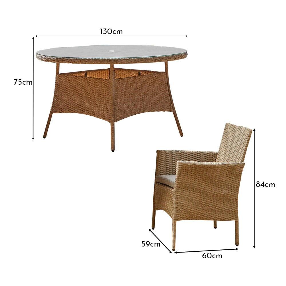 Kemble 6 Seater Rattan Round Outdoor Dining Table Set with Cream LED Premium Parasol - Natural Brown - Laura James