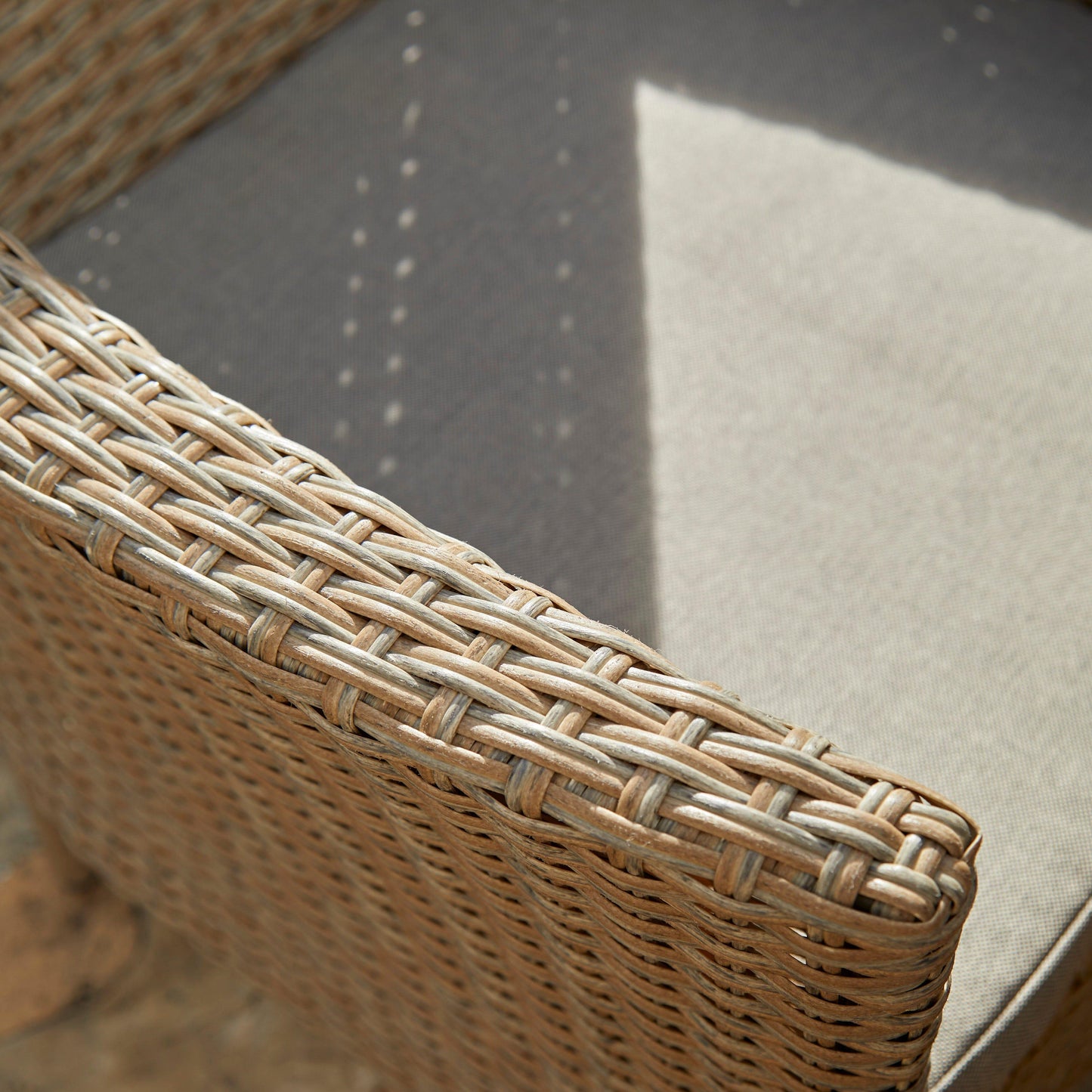 Kemble 6 Seater Rattan Round Outdoor Dining Table Set with Cream LED Premium Parasol - Natural Brown - Laura James