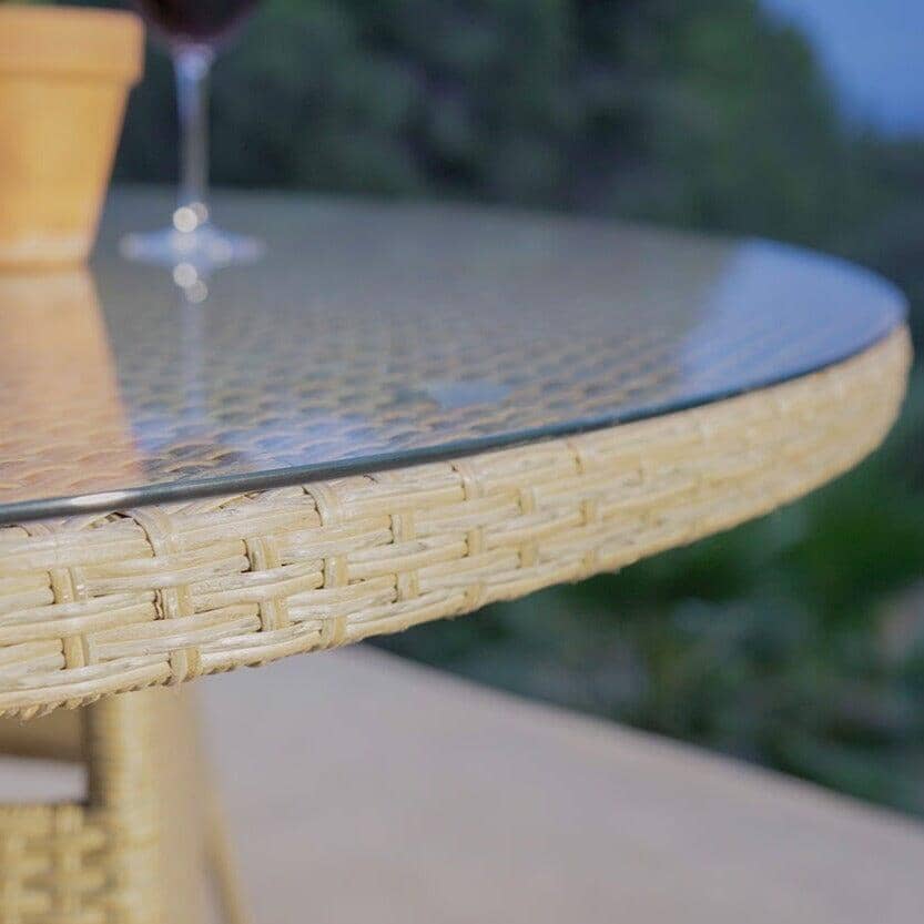 Kemble 6 Seater Rattan Round Garden Dining Set with Cream LED Premium Parasol - Natural Brown Weave