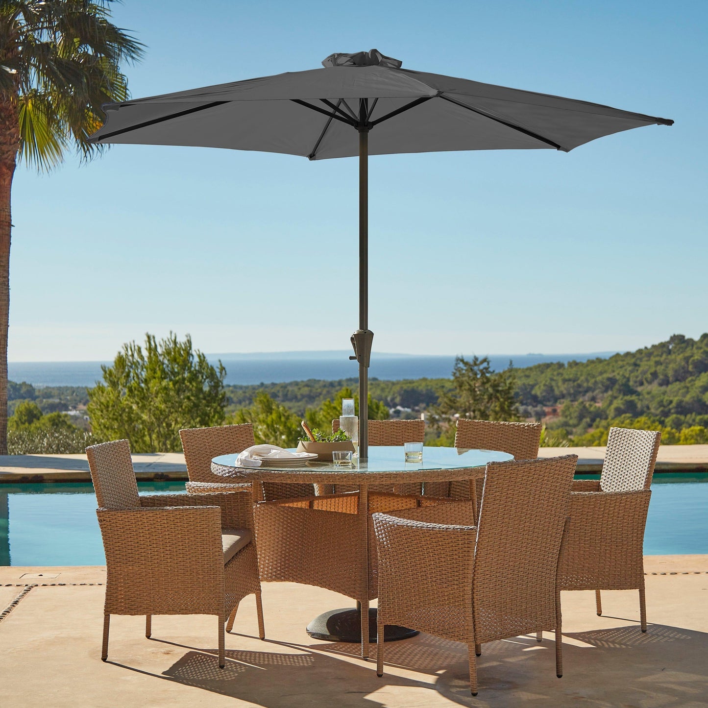Kemble 6 Seater Rattan Round outdoor Dining Set with Grey LED Premium Parasol - Natural Brown - Laura James