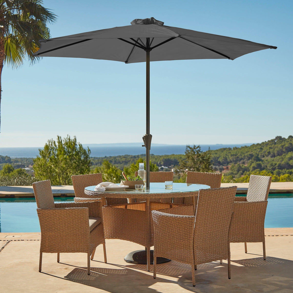 Kemble 6 Seater Rattan Round Outdoor Dining Table Set with Grey Parasol - Natural Brown - Laura James