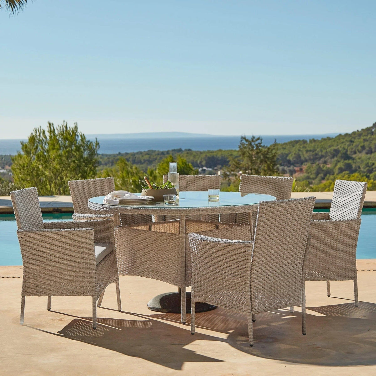 Kemble 6 Seater Round Rattan Garden Dining Set with Kemble/Marston Dining Chairs - Light Grey