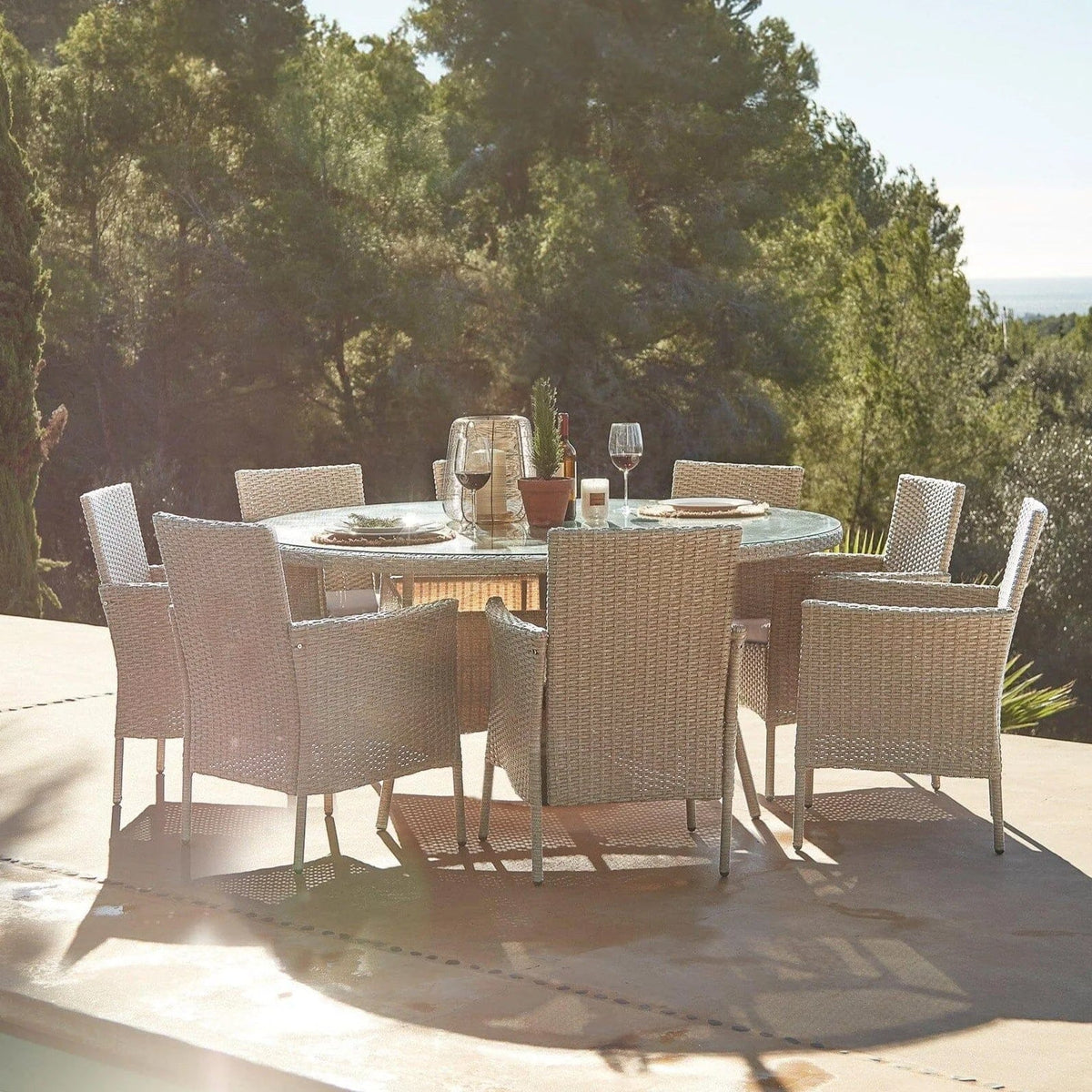 Kemble 8 Seater Round Rattan Garden Dining Set with Kemble/Marston Dining Chairs - Light Grey - Laura James