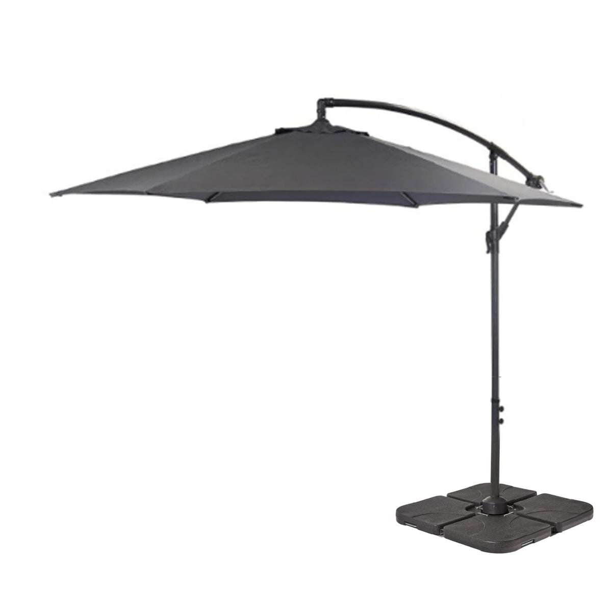 Round 2.9m Grey Lean-Over Parasol with 80kg Quartered Parasol Base - Black Plastic - Laura James