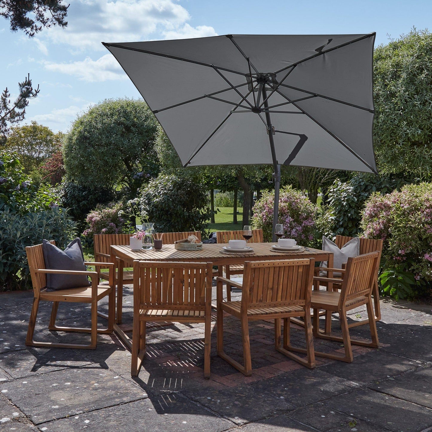 Lennox 8 Seater Wooden Outdoor Dining Set with Premium Grey Parasol