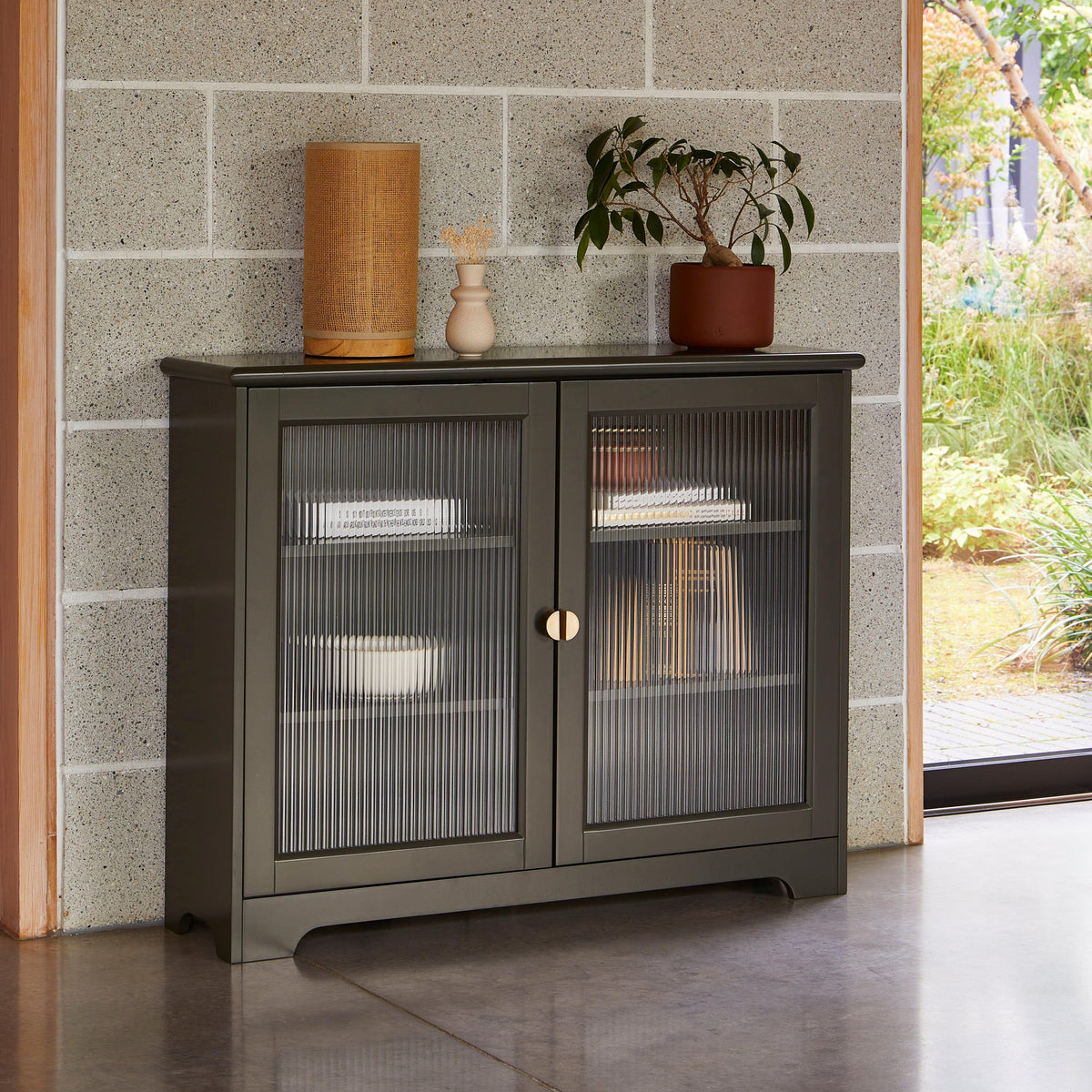 Lua Narrow 2 Door Sideboard in Fir Green with Fluted Glass - Laura James