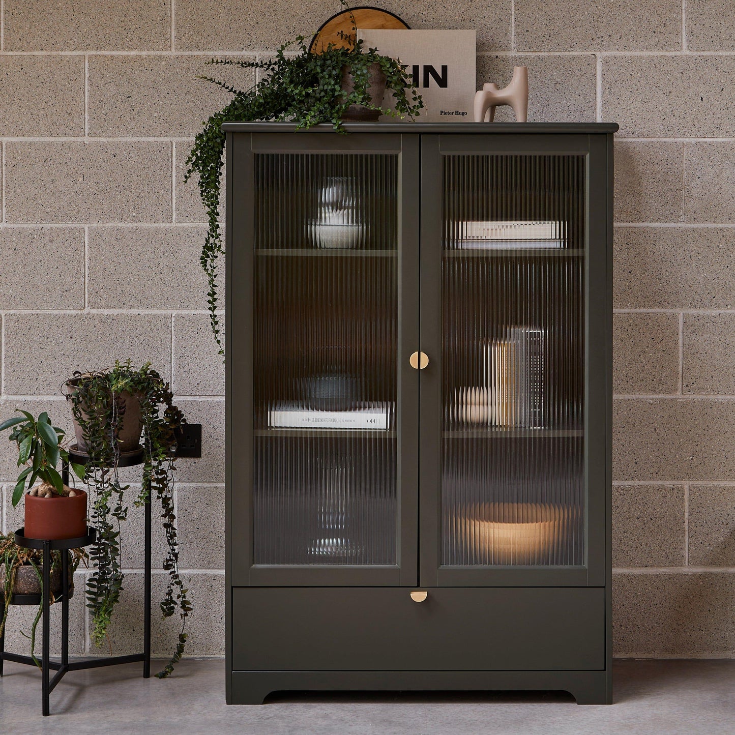 Lua Tall Cabinet in Fir Green with Fluted Glass - Laura James