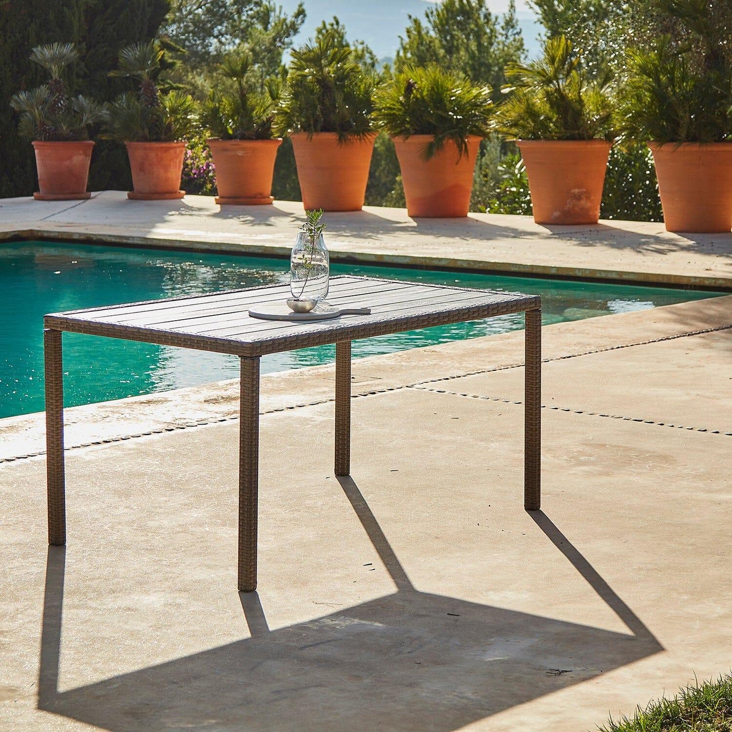 Marston 4 Seater Rattan Outdoor Dining Set with Cream Parasol - Rattan Garden Furniture - Natural Brown - Polywood Top - Laura James