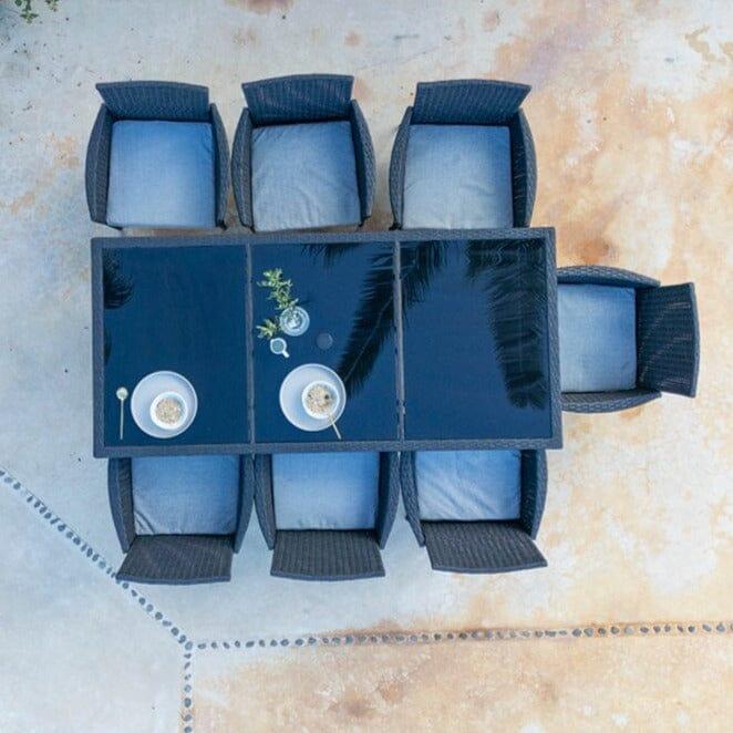 Marston 8 Seater Rattan Outdoor Dining Set with Grey LED Premium Parasol - Rattan Garden Furniture - Black - Glass Top - Laura James