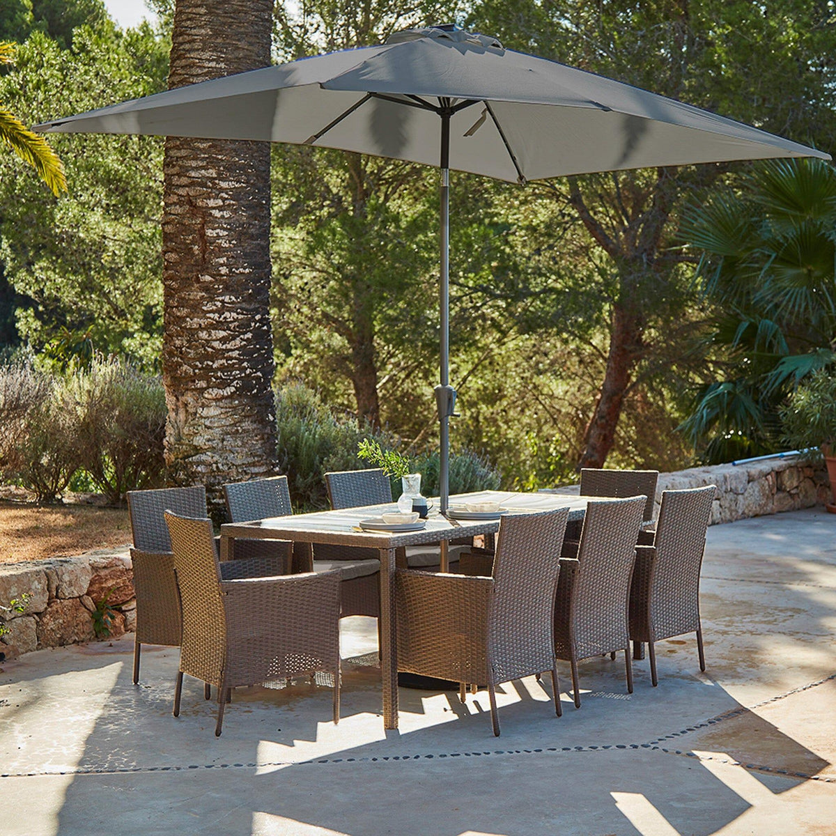 Marston Natural Rattan Dining Set with Grey LED Parasol - Laura James