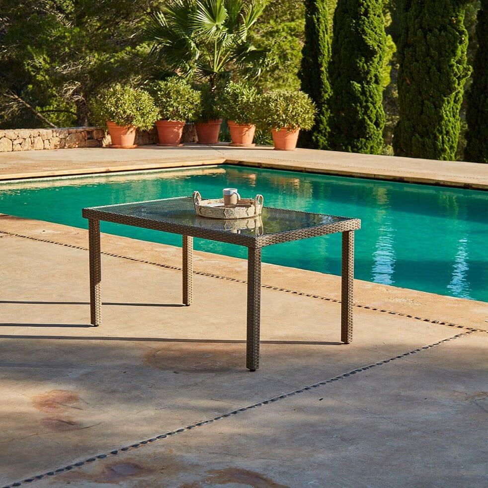 Marston 8 Seater Rattan Outdoor Dining Set with Grey Parasol - Rattan Garden Furniture - Natural Brown - Glass Top - Laura James