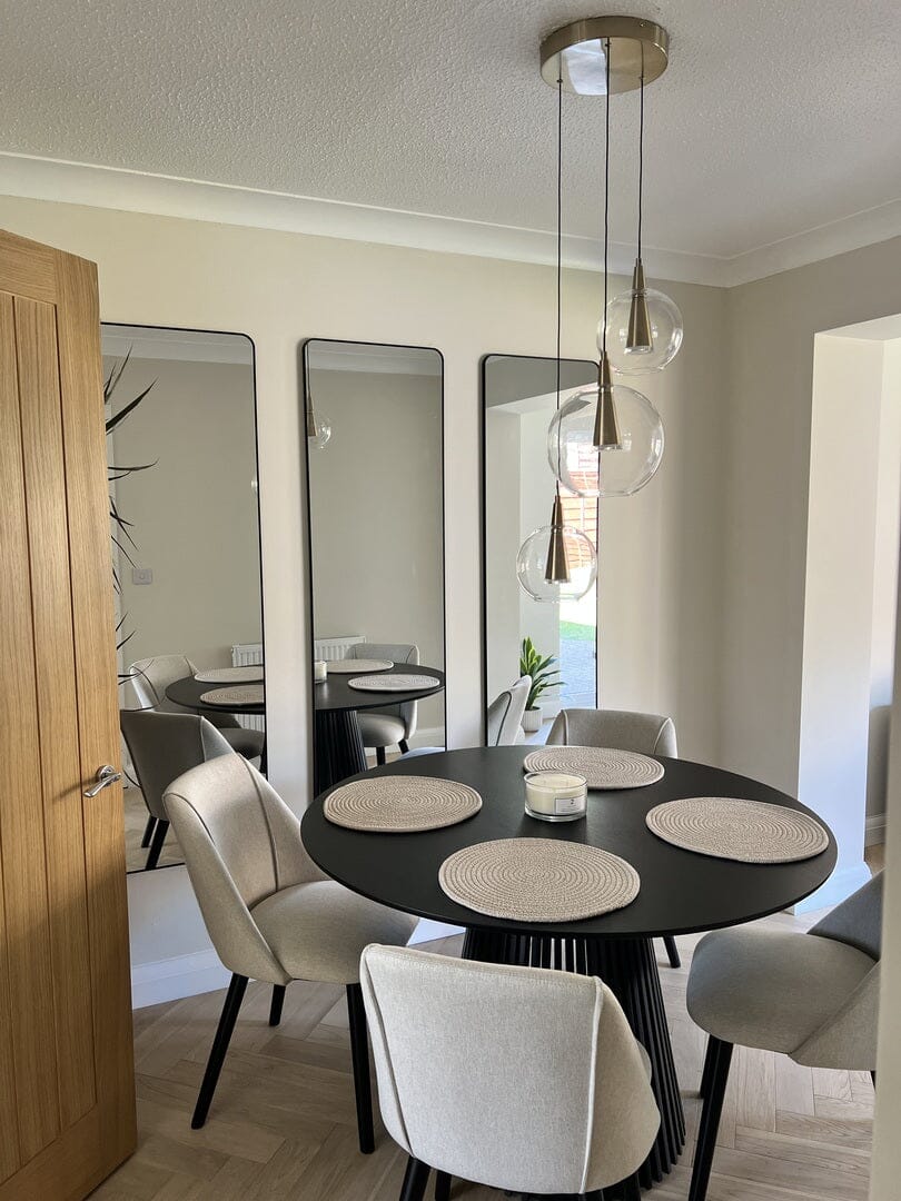 Willow Black Dining Table Set - 4 Seater - Freya Sand Dining Chairs - Black Oak Legs