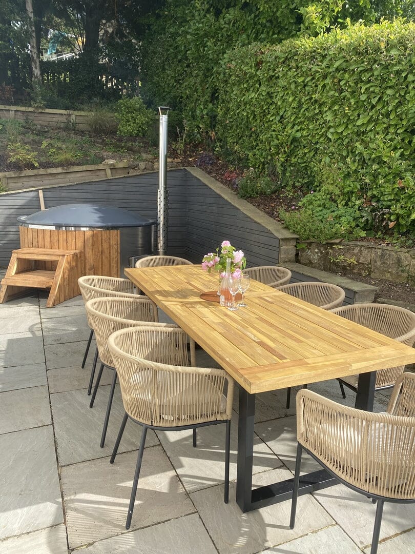 Hali 8 Seater Wooden Outdoor Dining Set with Hali Natural Chairs & Grey Lean Over Parasol - 235cm