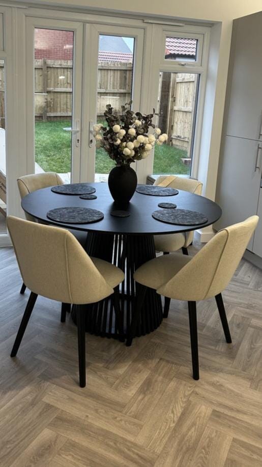 Willow Black Dining Table Set - 4 Seater - Freya Sand Dining Chairs - Black Oak Legs