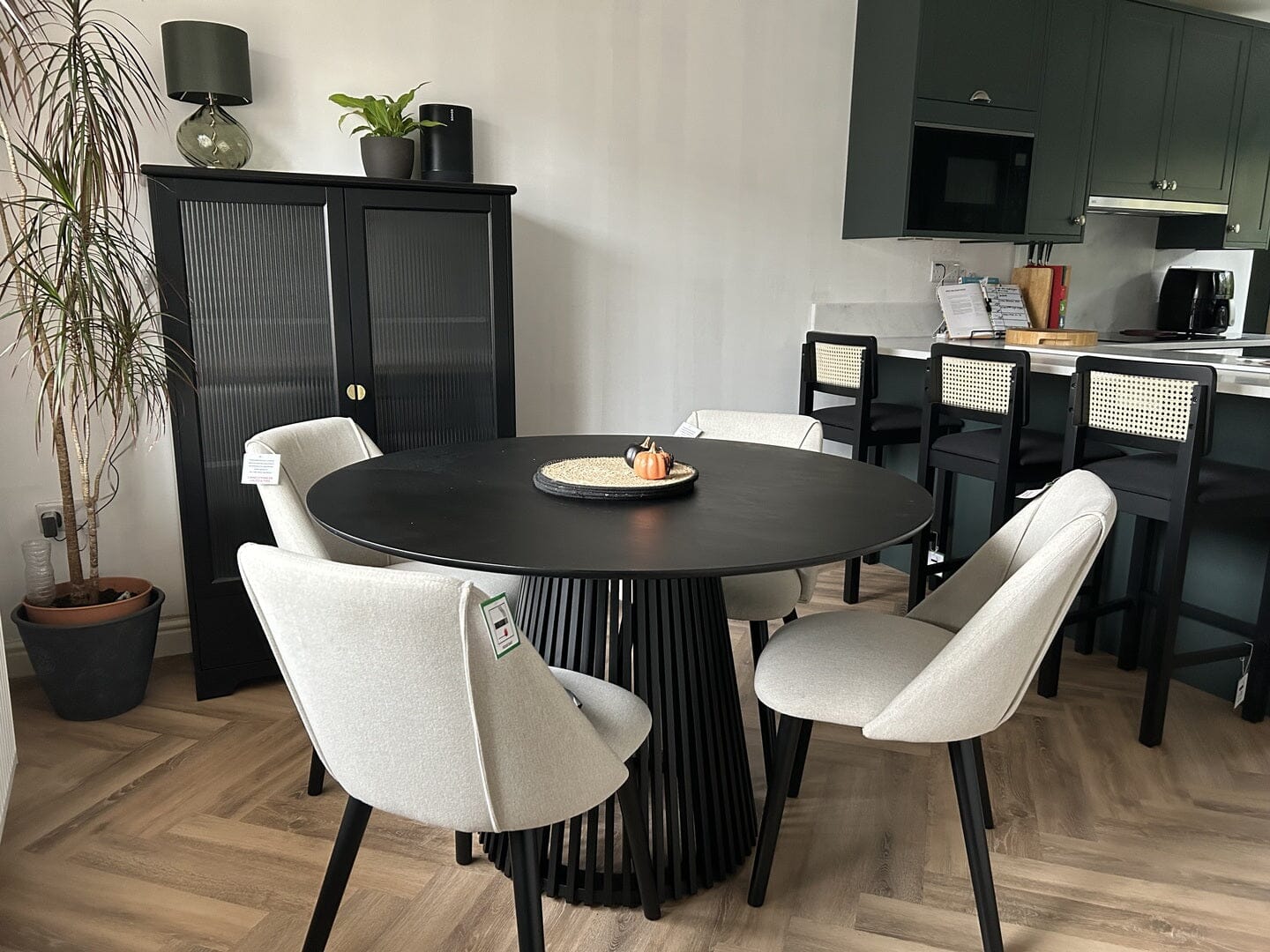 Willow Black Dining Table Set - 4 Seater - Freya Sand Dining Chairs - Black Oak Legs - Laura James