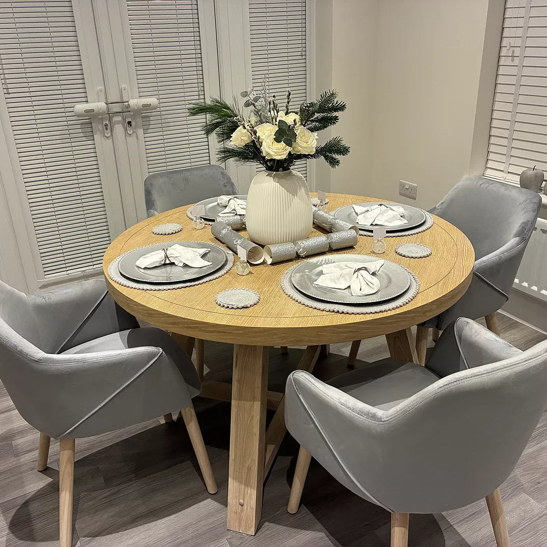 Charlotte Whitewash Round Dining Table with Freya Grey Velvet Armchairs - Set of 2 - Whitewash Oak Legs - Laura James