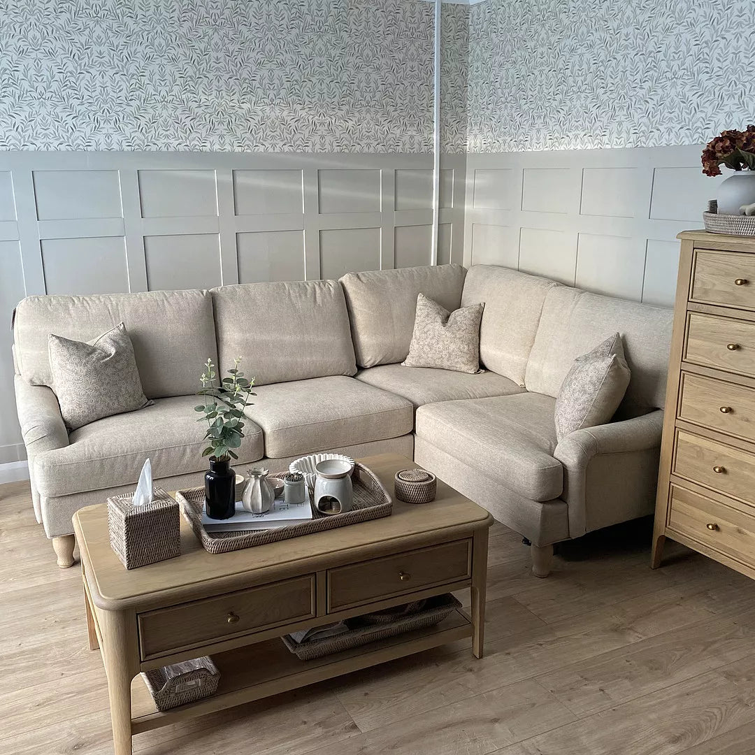 Brea Mink Taupe Right Corner Sofa with Whitewash Oak Legs - Laura James