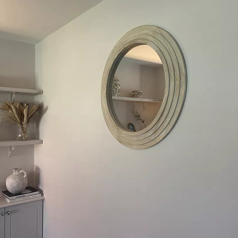 Kubu 70cm Wooden Round Mirror - Whitewash - Laura James