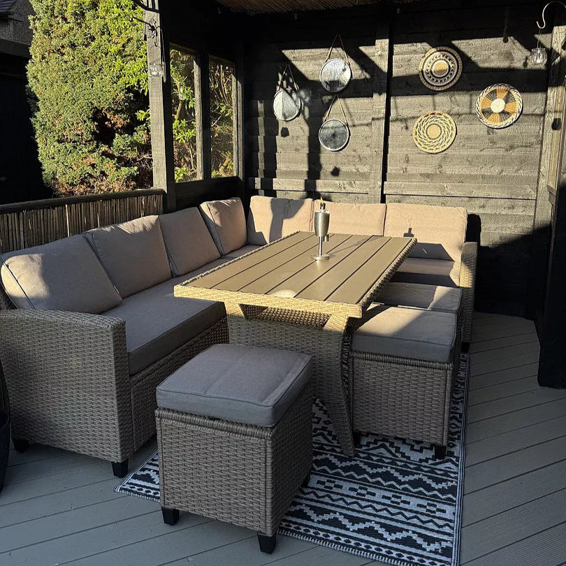 Aston 9 Seater Rattan Corner Sofa Set with Polywood Table Top - Natural Brown - Laura James