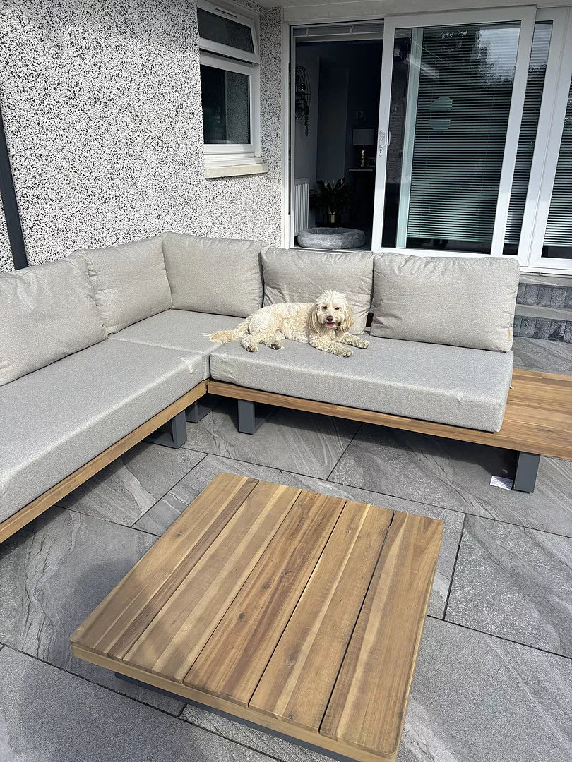 Shiva Garden Corner Sofa Set with Grey LED Premium Parasol - Stone