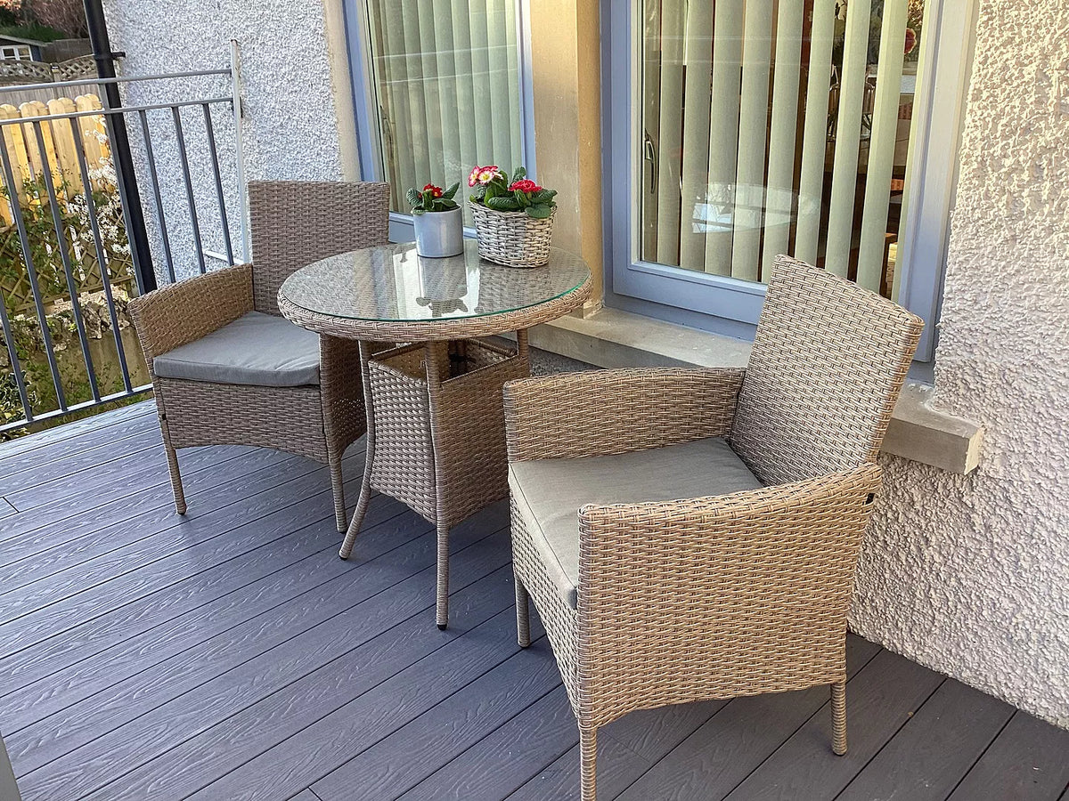 Kemble 2 Seater Rattan Garden Bistro Outdoor Dining Set - Natural Brown - Laura James