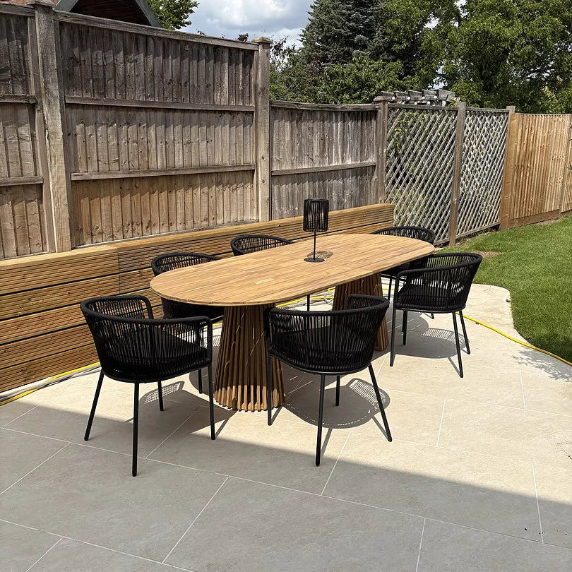 Willow 6 Seater Wooden Garden Dining Set with 6 Hali Black Rope Chairs - Laura James