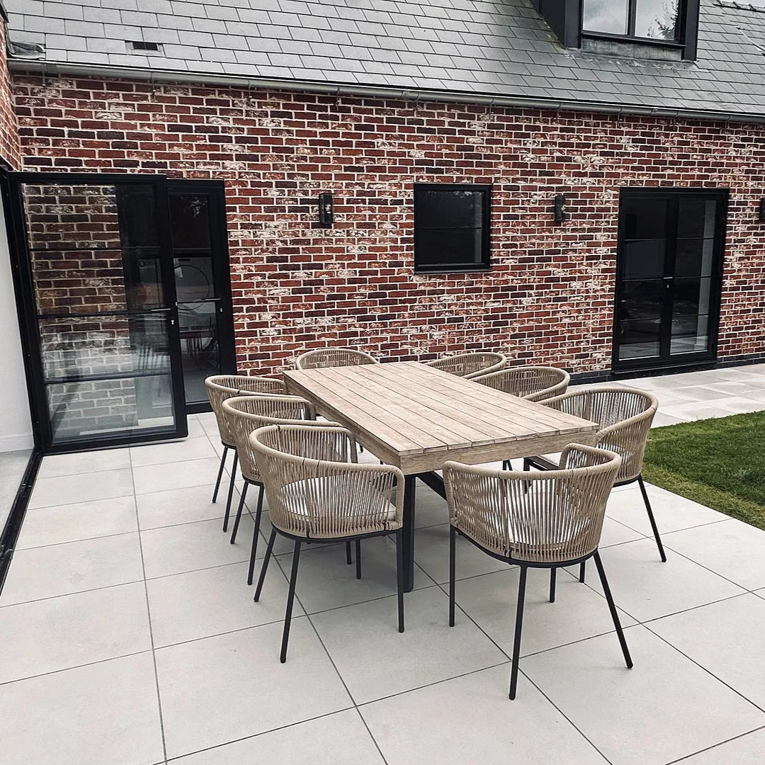 Amelia 8 Seater Wooden Garden Dining Set with 8 Hali Natural Chairs - Light Brushed Acacia with Black Legs - Laura James