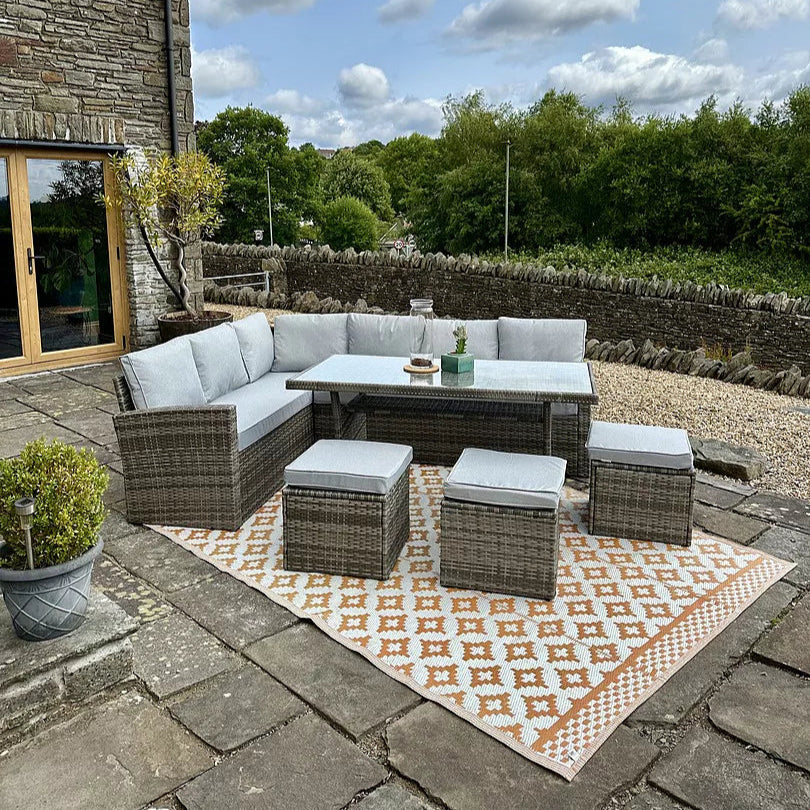 Aston 9 Seater Rattan Corner Sofa Set with Glass Table Top - Grey - Laura James