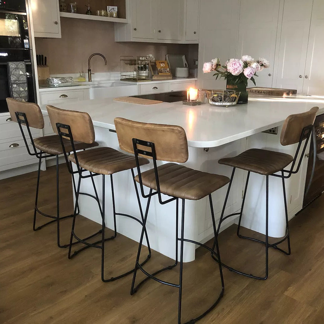 Jayden Tan Leather Tall Bar Stools - Set of 2 - Black Metal Legs- Laura James