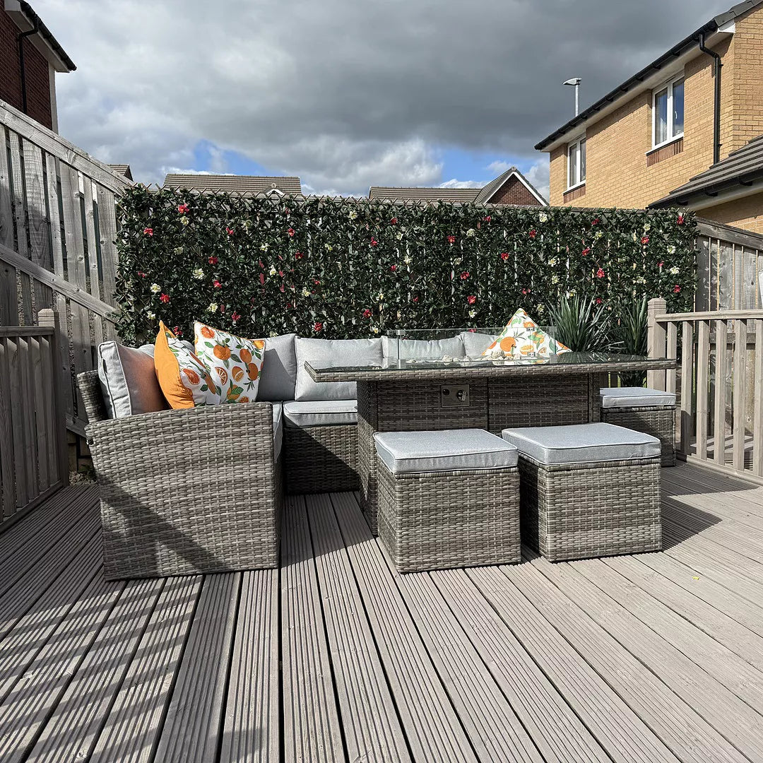 Aston 9 Seater Rattan Garden Corner Sofa Set with Fire Pit - Grey Weave - Laura James