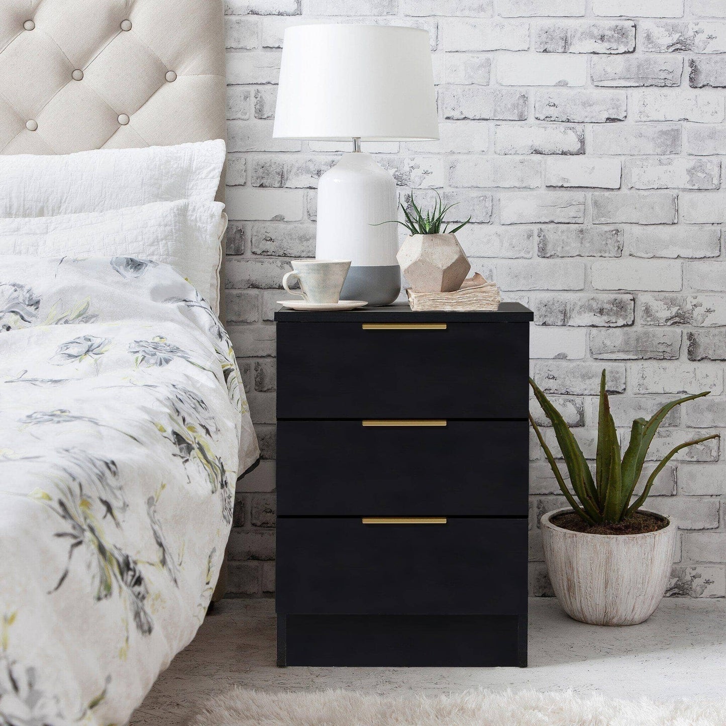 Essie Black 3 Drawer Bedside Table - Laura James