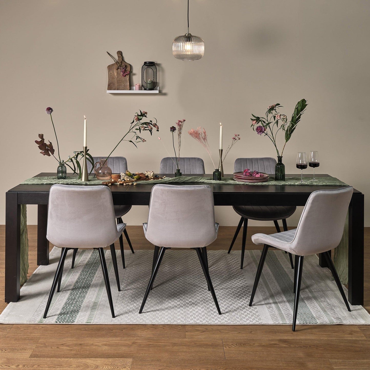 Magnus Black Extendable Dining Table - Bella Grey Velvet Chairs