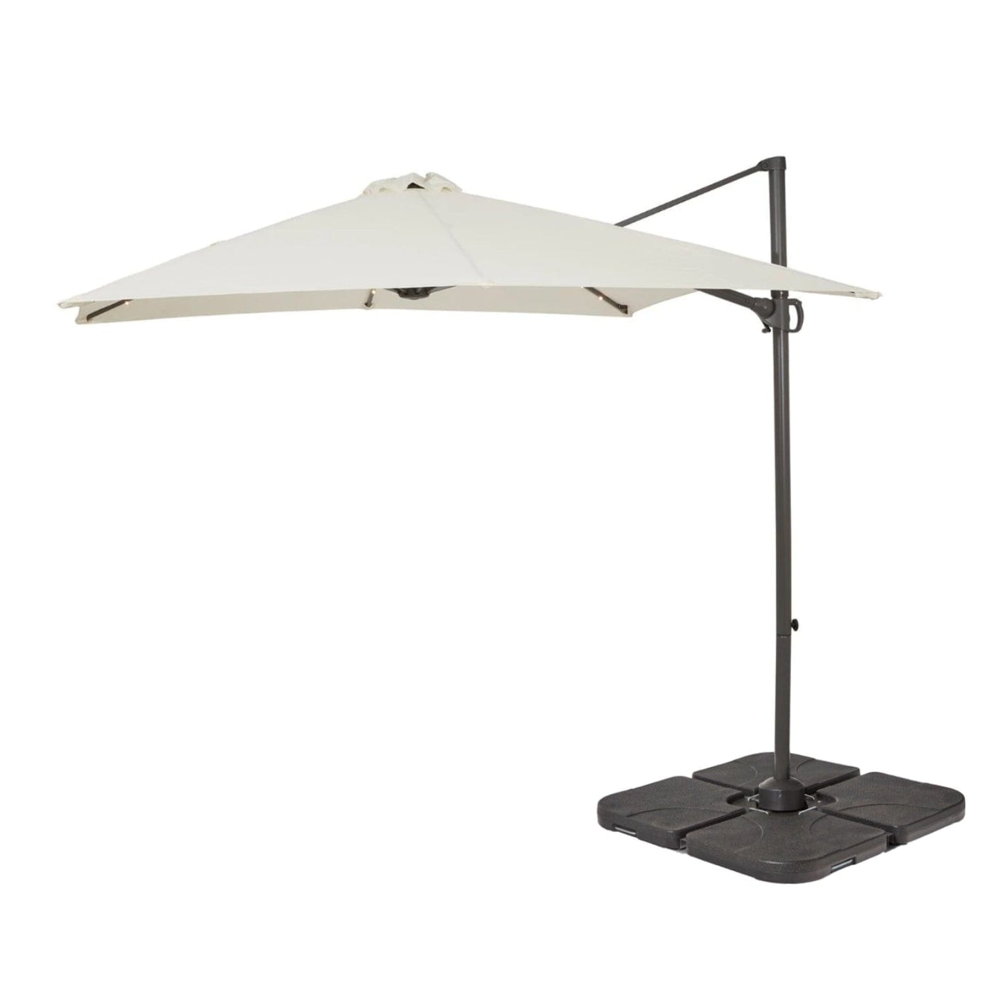 Square 2.4m Cream LED Cantilever Parasol & Raincover with 80kg Quartered Parasol Base - Black Plastic - Laura James