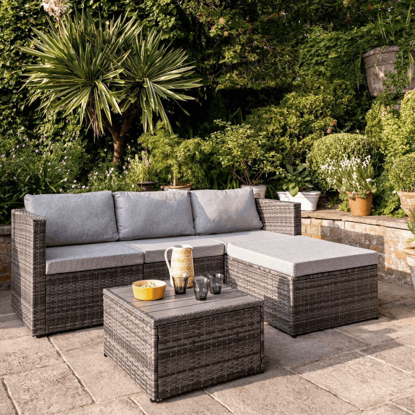 Weston 4 Seater Rattan Corner Sofa Set With Polywood Top - Grey Weave