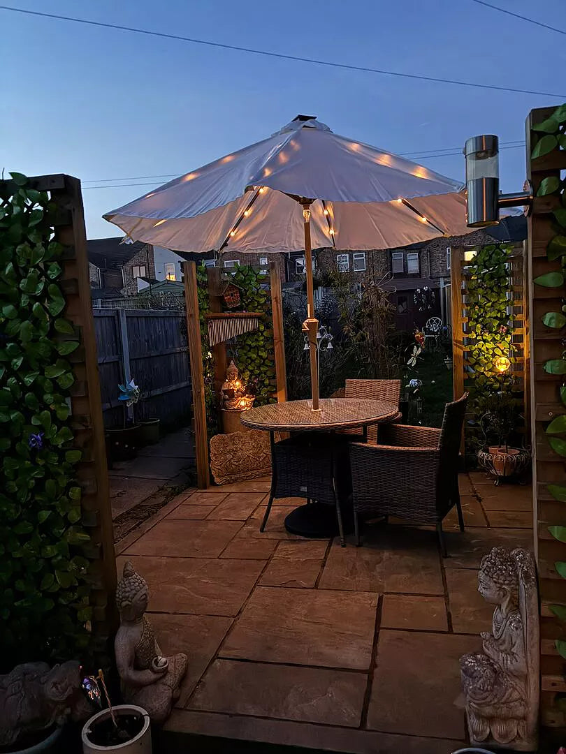 Kemble 4 Seater Rattan Round Dining Set with Cream LED Premium Parasol & Parasol Rain Cover - Grey Weave