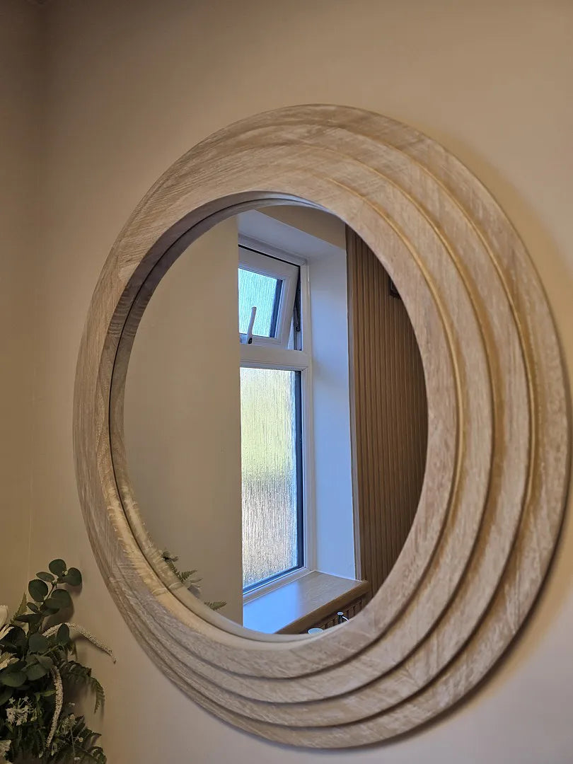 Kubu 70cm Wooden Round Mirror - Whitewash