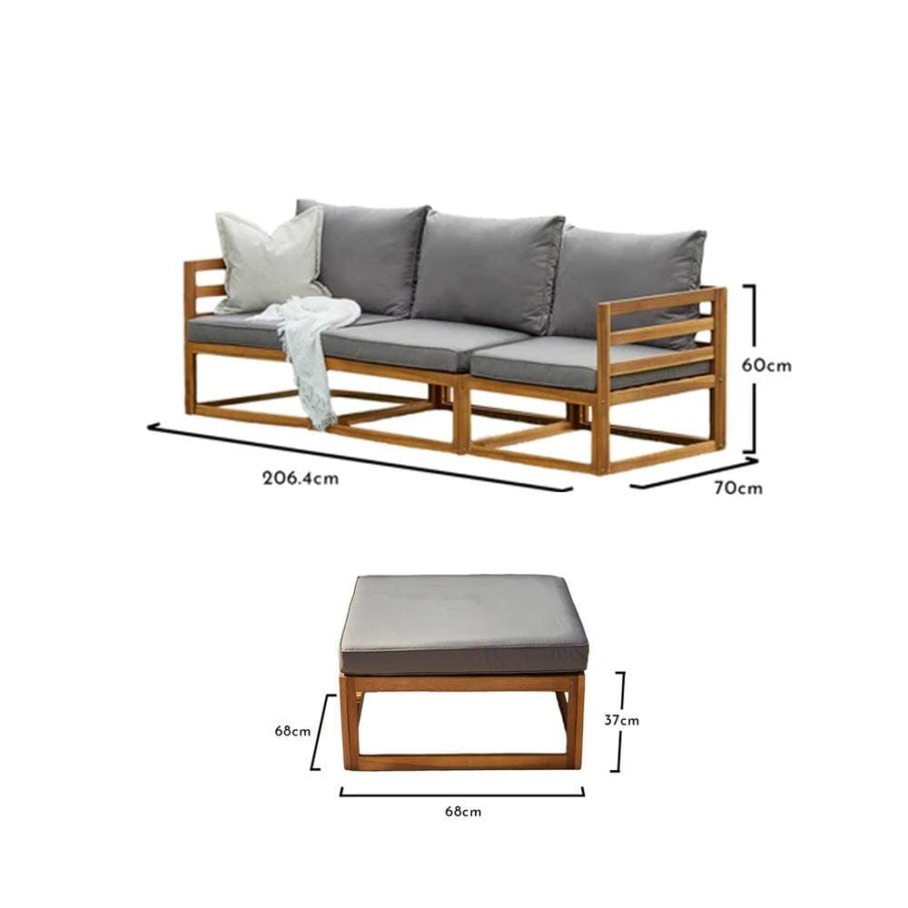 Rowan 3 Seater Wooden Garden Sofa Set with Footstool - Laura James