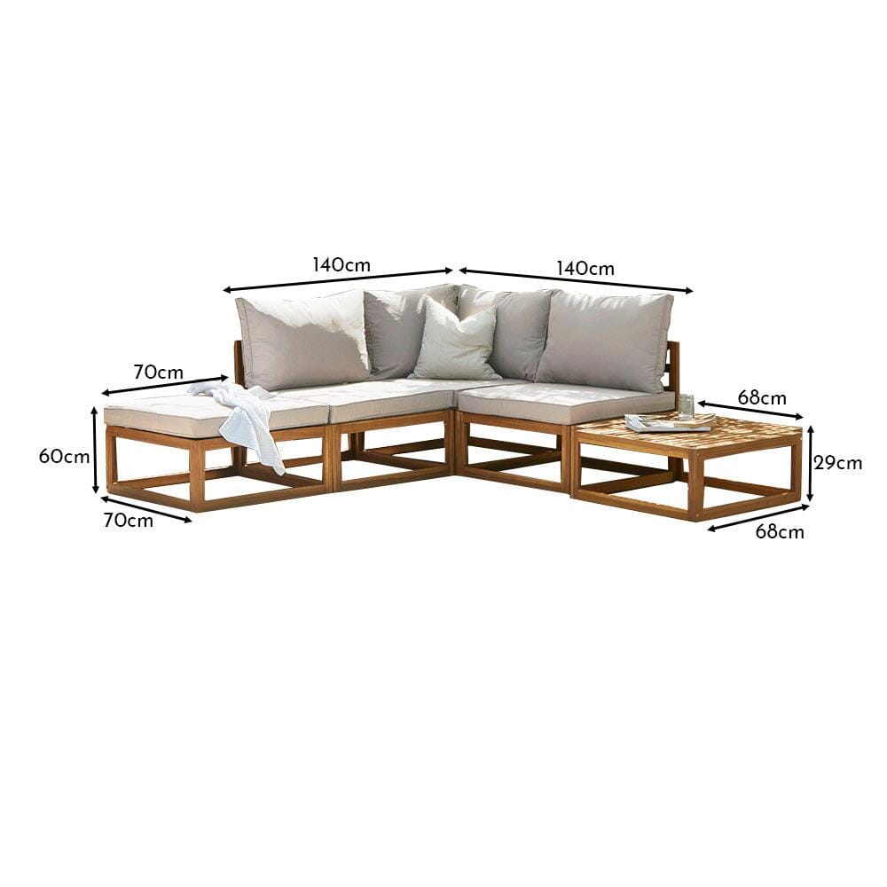 Rowan 4 Seater Wooden Chaise Garden Corner Sofa Set with Coffee Table - Natural - Laura James