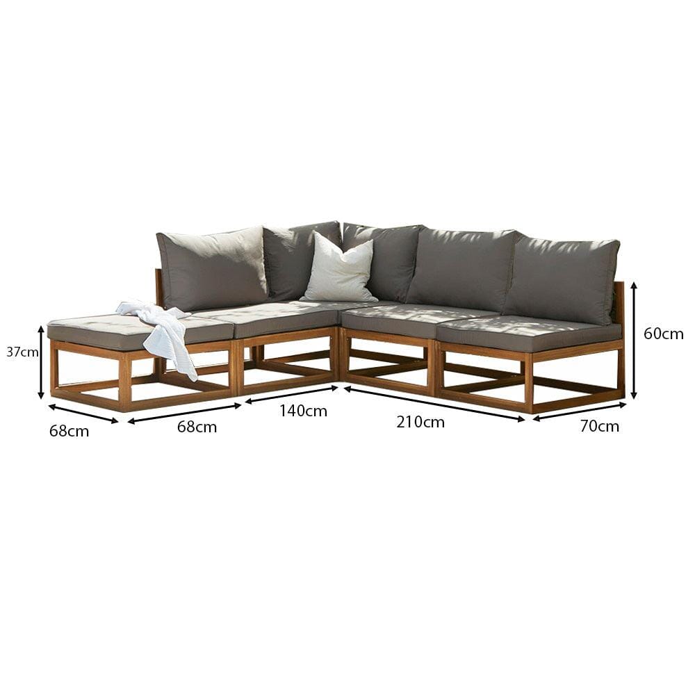 Rowan 5 Seater Wooden Garden Chaise Corner Sofa Set - Grey - Laura James